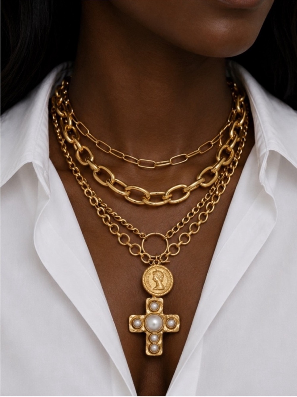 New! Gold Vintage Coin Cross Necklace Stack Set NWOT (1006)